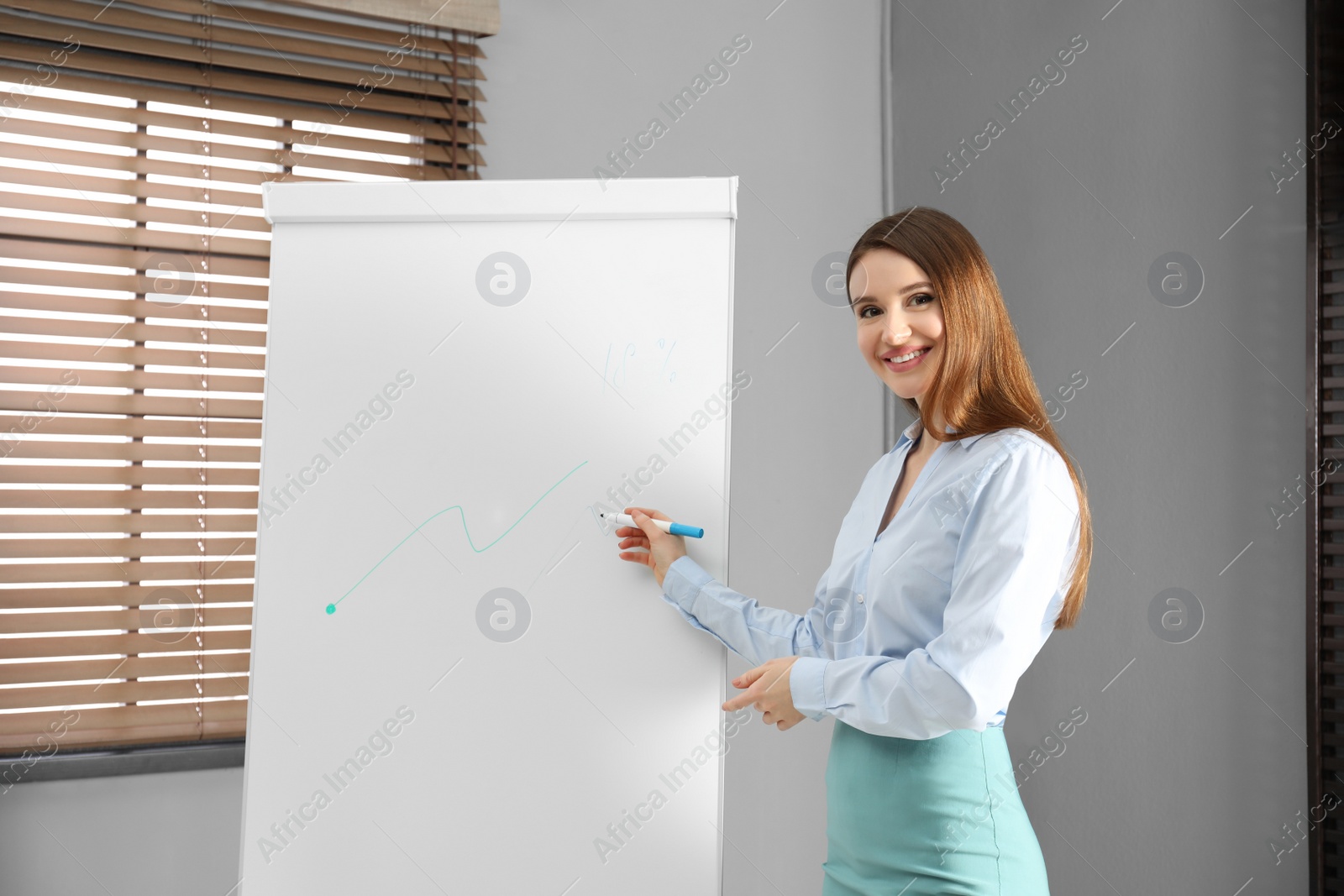 Photo of Professional business trainer near flip chart in office