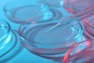 Photo of Dripping liquid from pipette into petri dish on light blue background, closeup