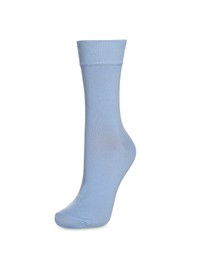 Photo of One light blue sock on white background