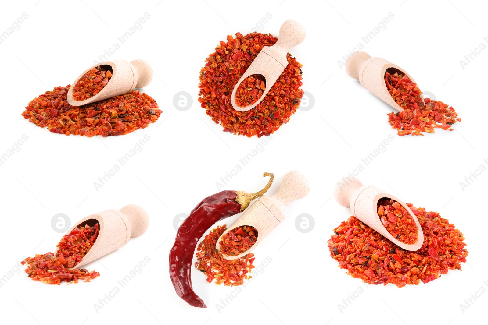 Image of Aromatic spices. Red chili pepper flakes on white background, set