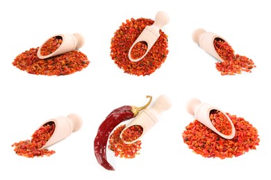 Image of Aromatic spices. Red chili pepper flakes on white background, set