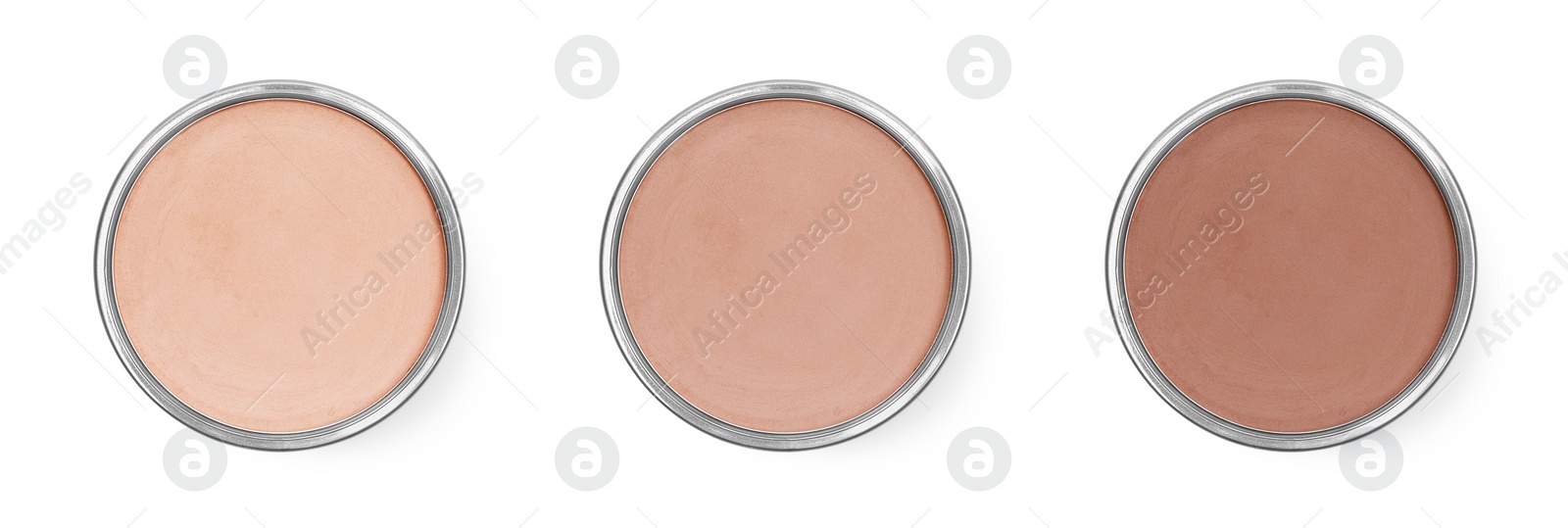 Image of Compact face powders of different shades isolated on white, collection. Top view