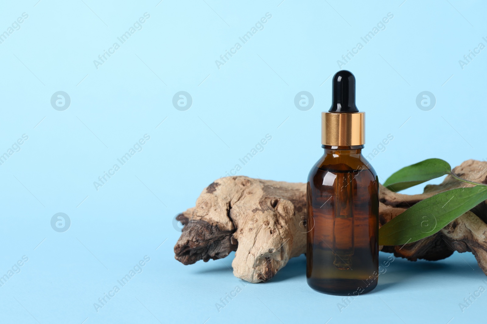 Photo of Bottle with cosmetic oil, green leaves and wooden snag on light blue background, closeup. Space for text