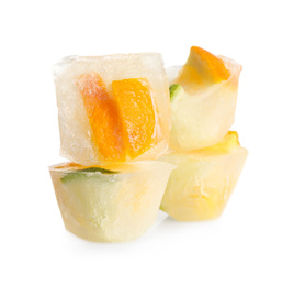 Ice cubes with citrus fruits on white background