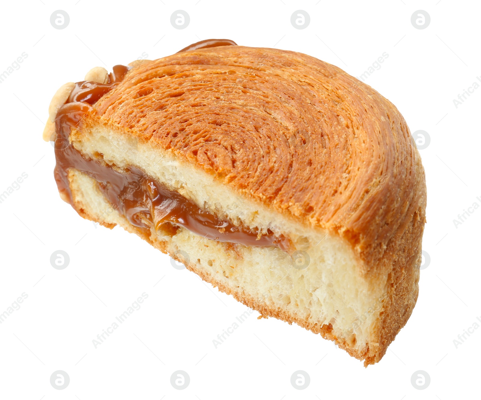 Photo of Half of round croissant with chocolate paste and nuts isolated on white. Tasty puff pastry