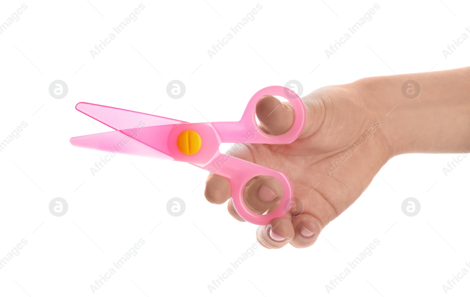 Photo of Woman holding colorful plastic scissors on white background, closeup