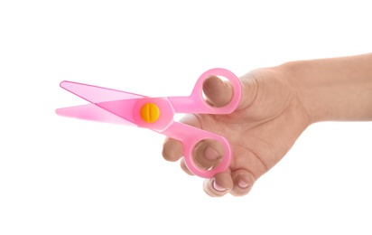 Photo of Woman holding colorful plastic scissors on white background, closeup