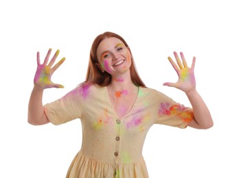 Photo of Woman covered with colorful powder dyes on white background. Holi festival celebration