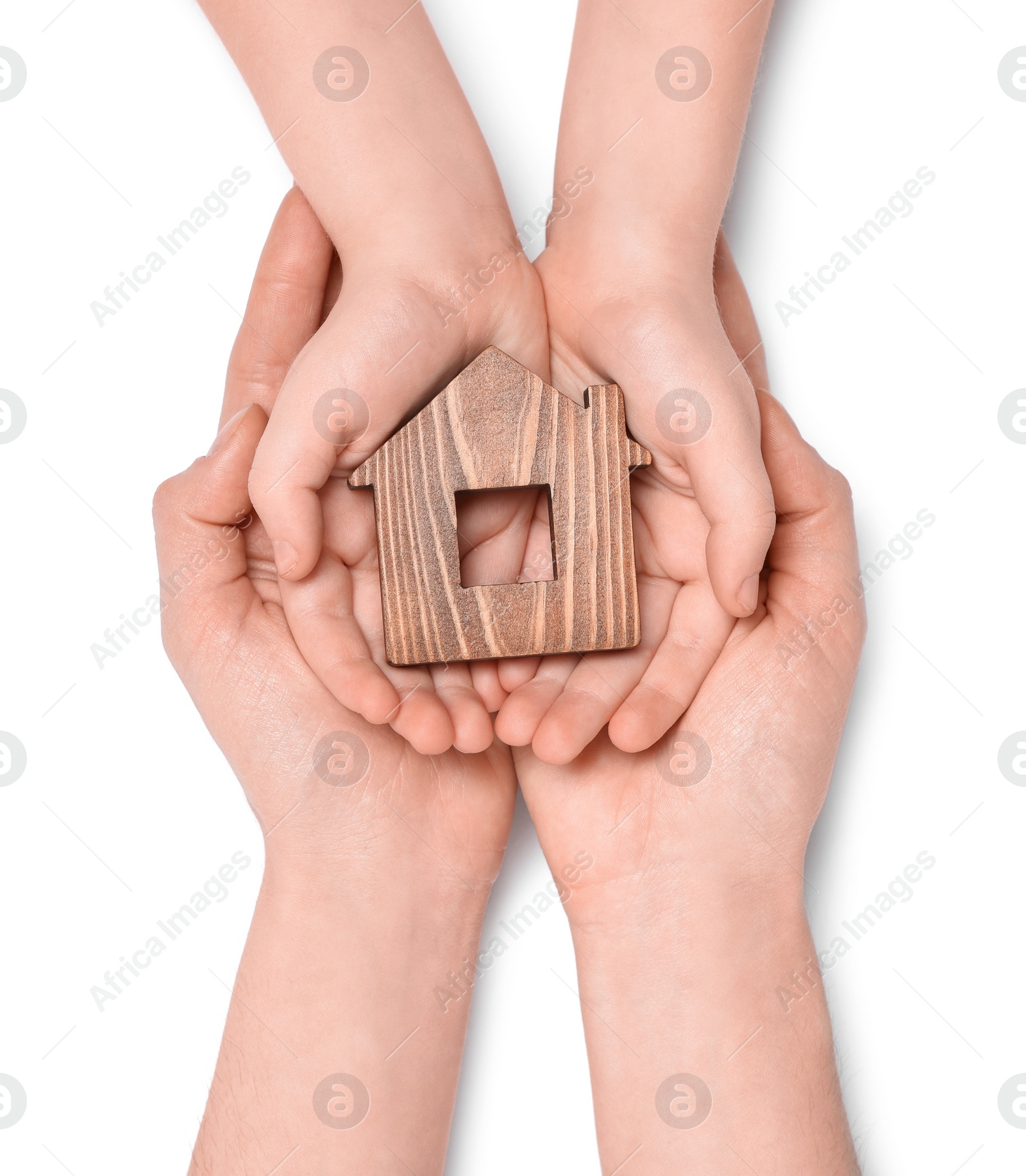 Photo of Home security concept. Woman with her little child holding house model on white background, top view