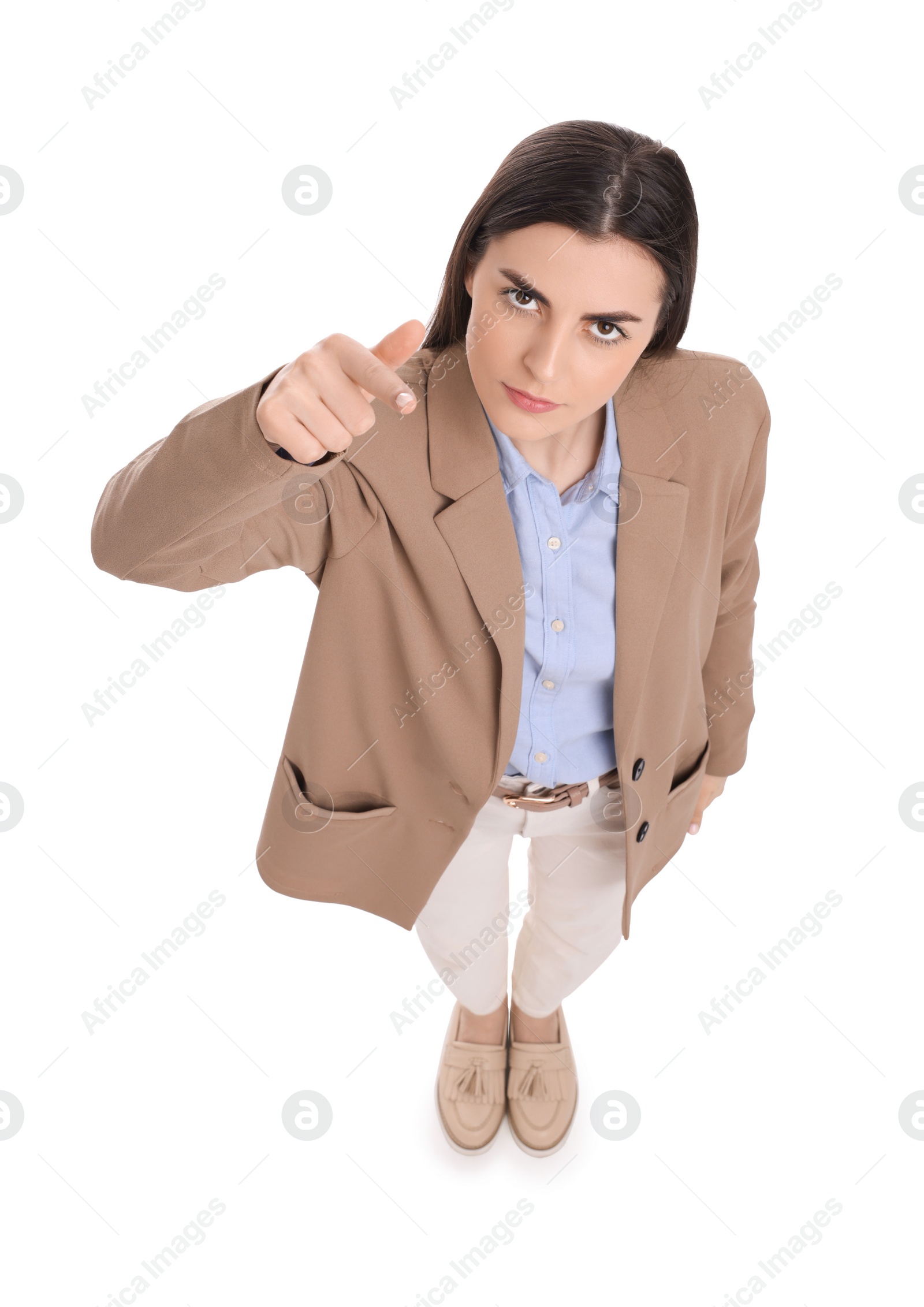 Photo of Beautiful businesswoman pointing at something on white background, above view