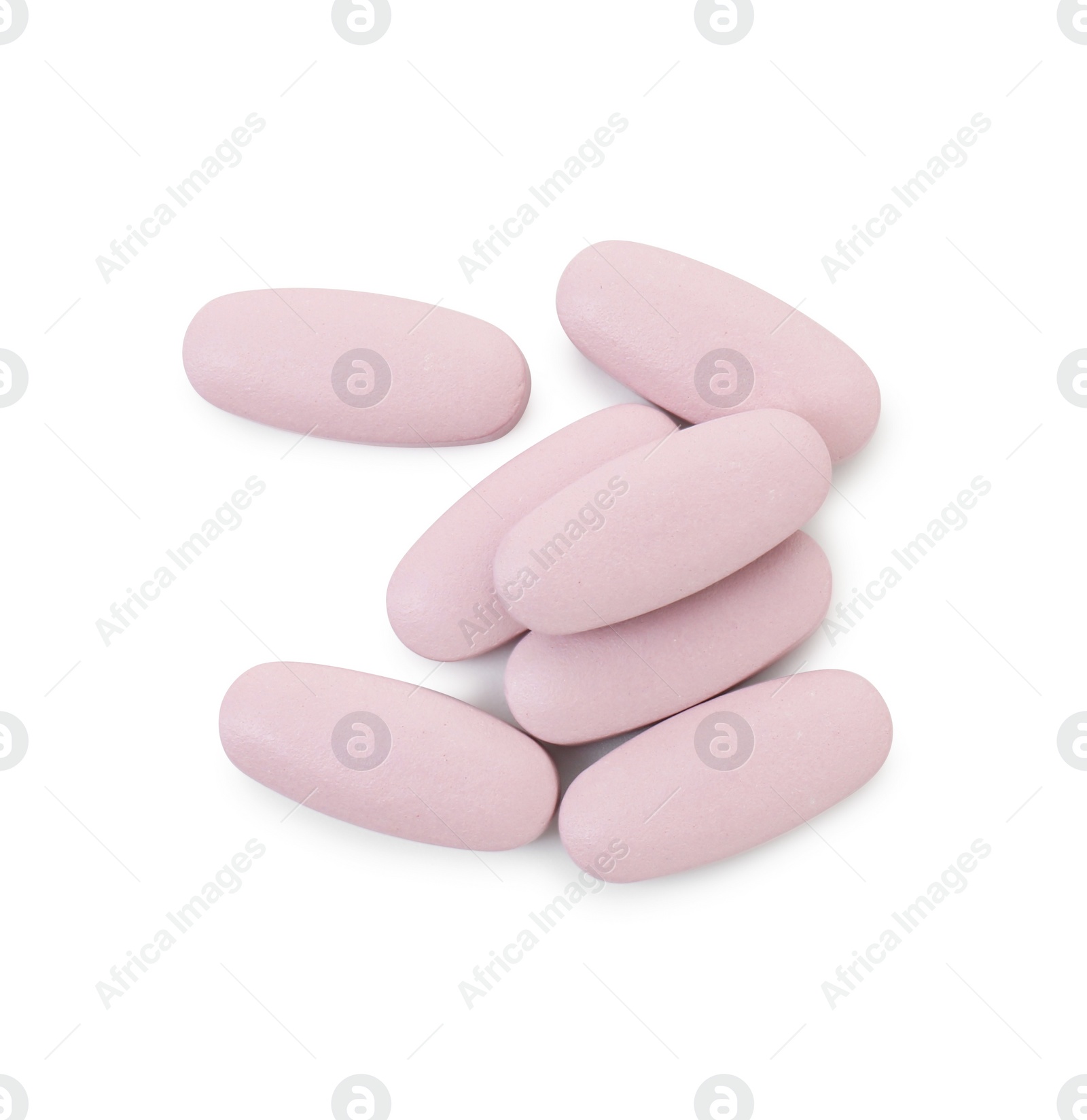 Photo of Vitamin pills isolated on white, top view. Health supplement