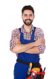 Photo of Portrait of construction worker with tool belt on white background