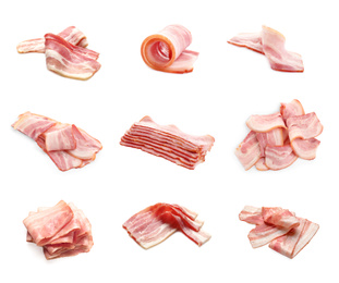 Image of Set with bacon slices on white background