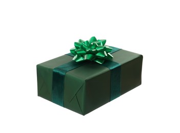 Green gift box with bow isolated on white