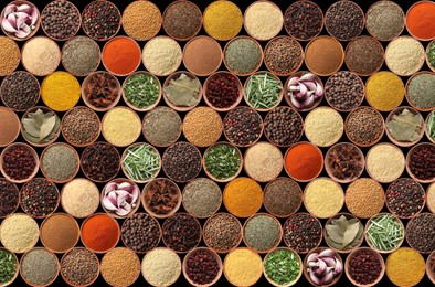 Collection of different aromatic spices and herbs on black background, flat lay