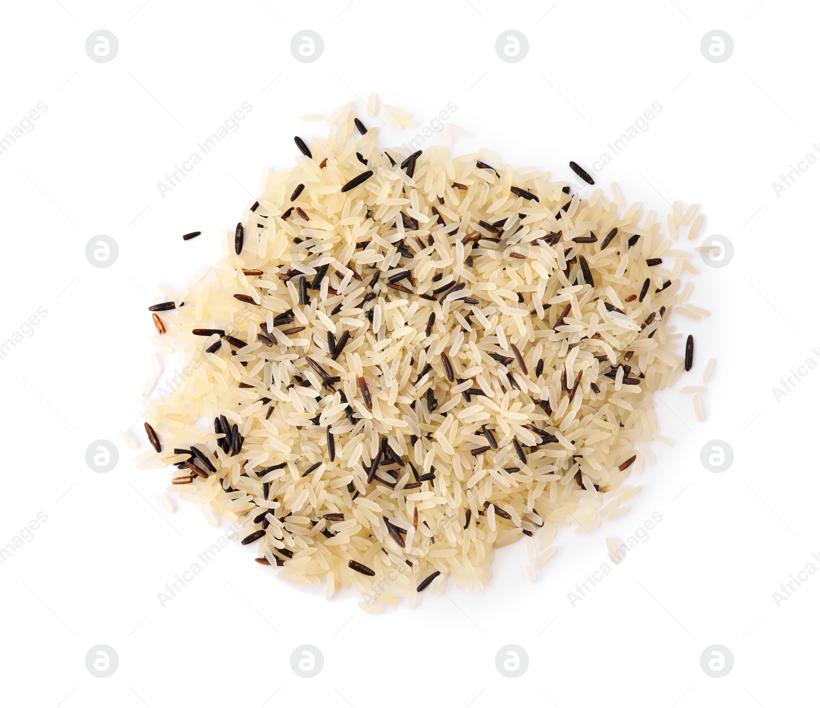 Photo of Mix of brown and polished rice isolated on white, top view