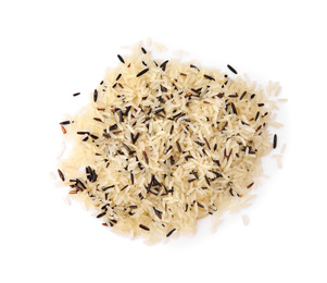 Photo of Mix of brown and polished rice isolated on white, top view