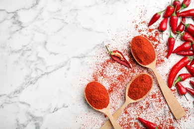 Flat lay composition with powdered and raw chili peppers on marble background. Space for text