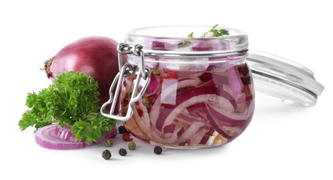 Jar of pickled onions isolated on white