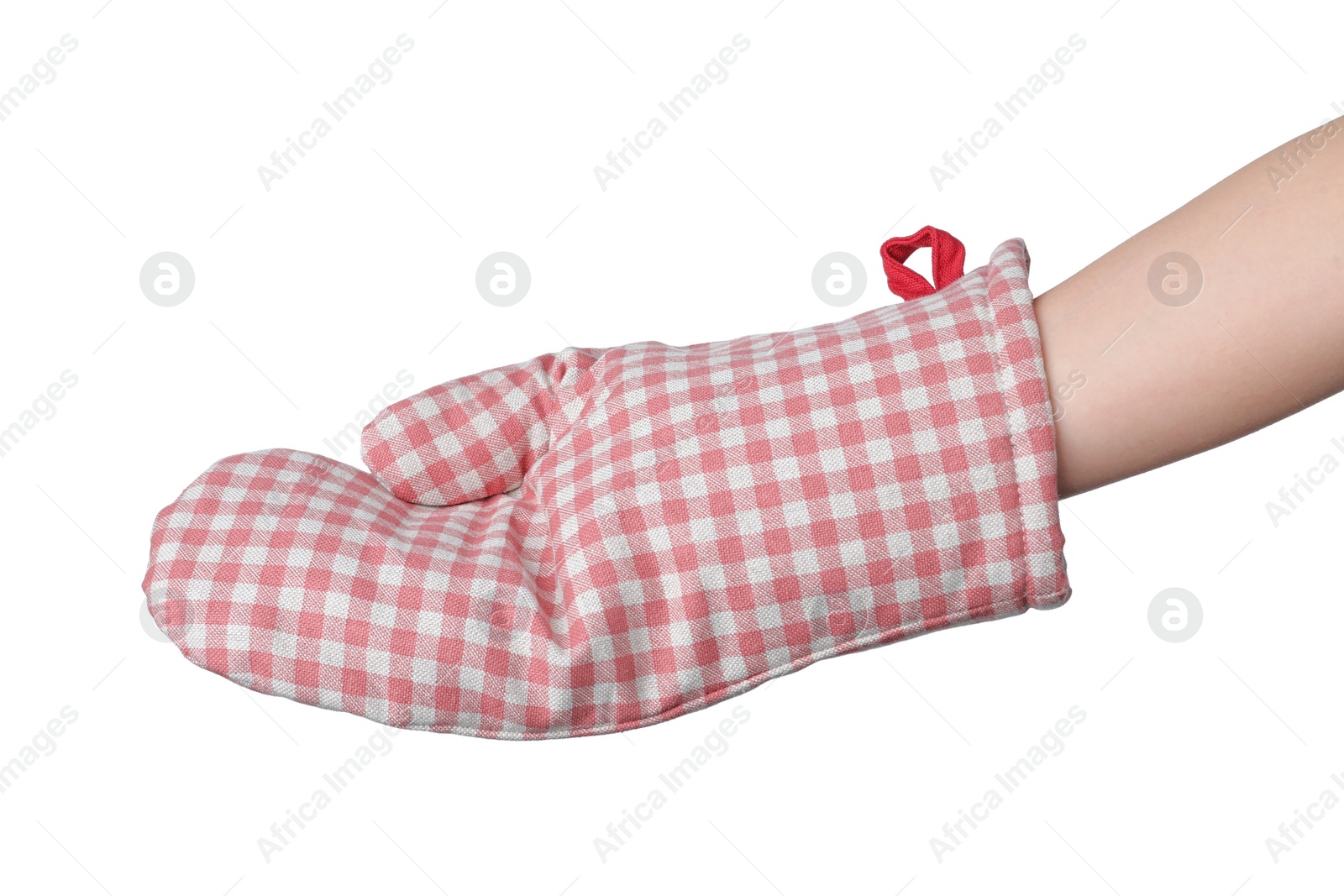 Photo of Chef in oven glove on white background, closeup