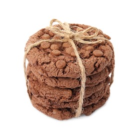 Photo of Tasty homemade chocolate chip cookies tied with twine isolated on white