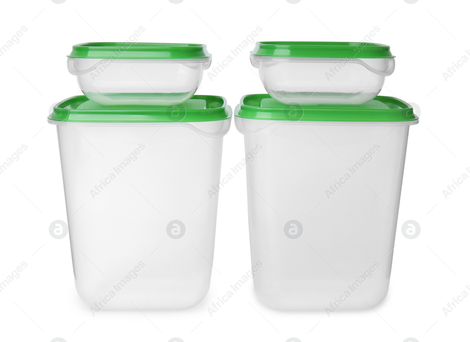 Photo of Empty plastic containers on white background. Food storage