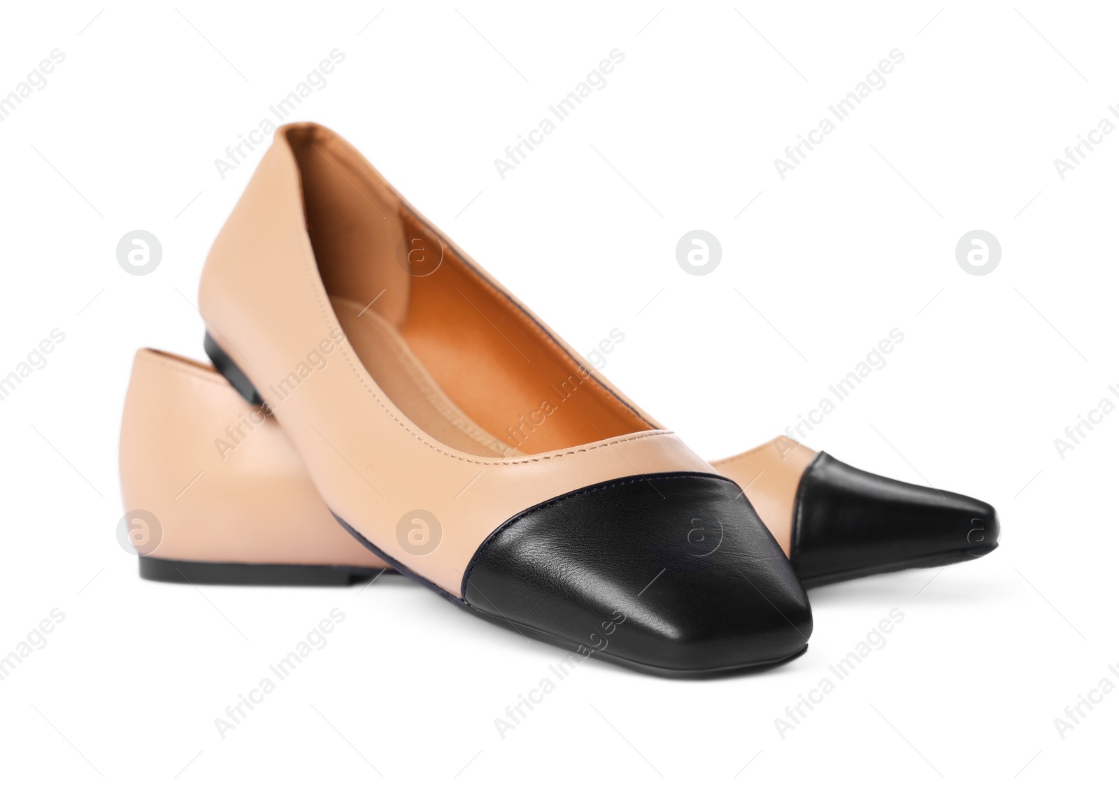 Photo of Pair of new stylish square toe ballet flats on white background