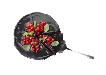 Photo of Tasty homemade chocolate cake with berries and mint on white background, top view