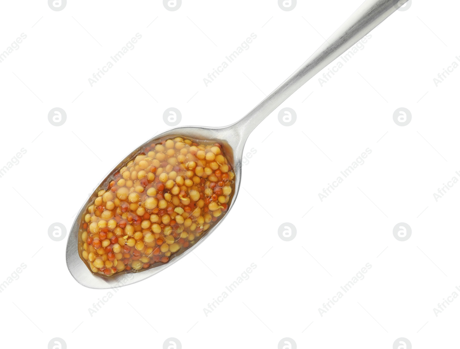 Photo of Spoon with fresh whole grain mustard isolated on white