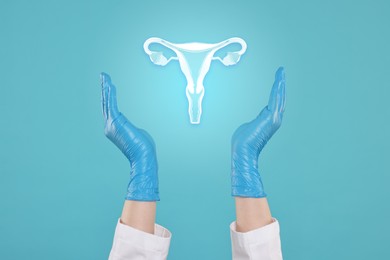 Doctor and illustration of female reproductive system on light blue background, closeup