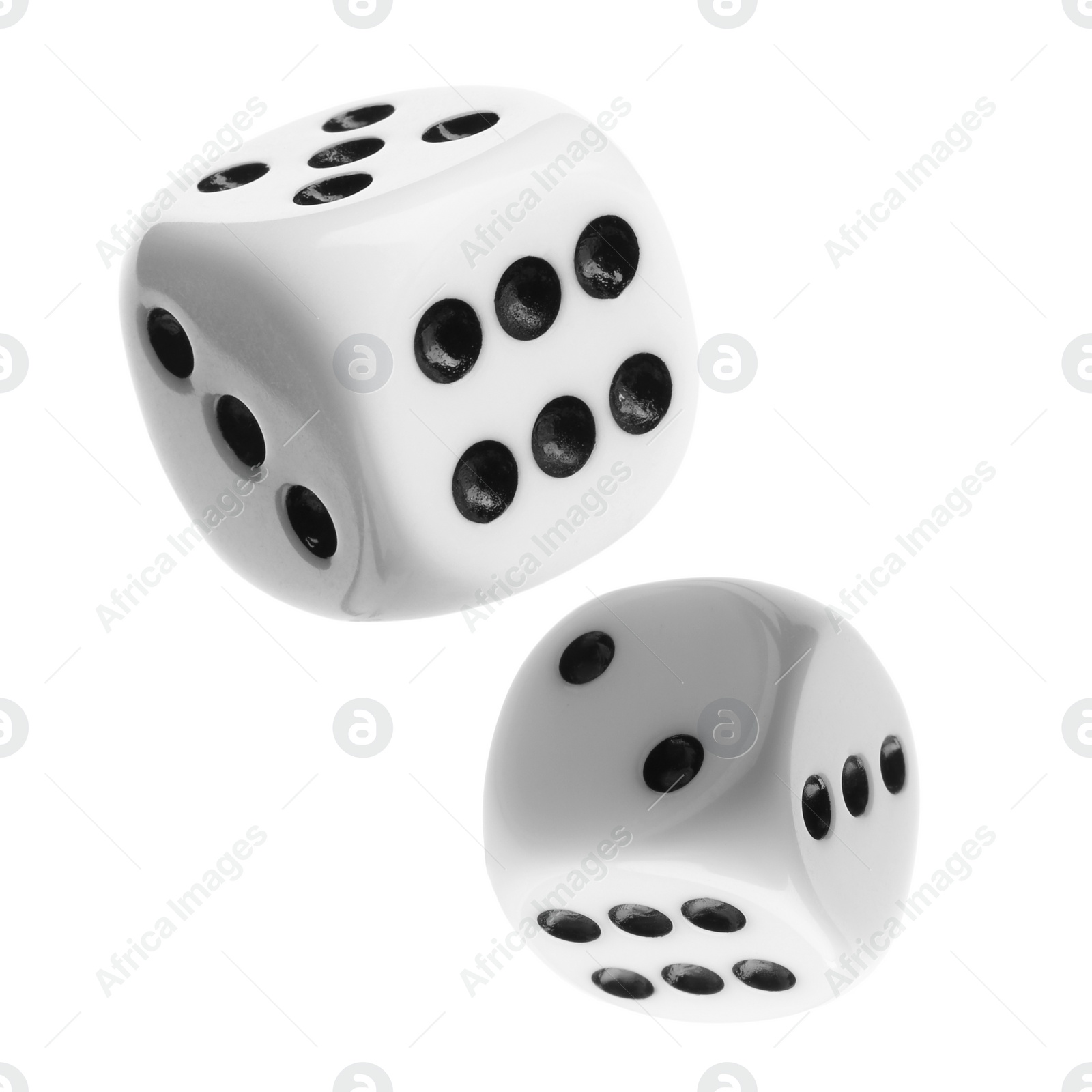 Image of Two dice in air on white background