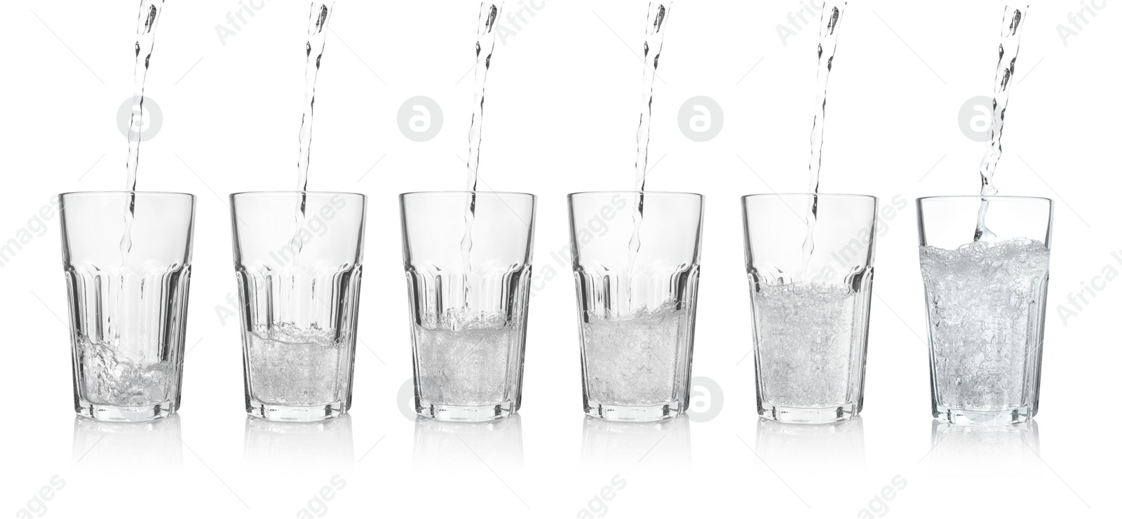 Image of Pouring soda water into glasses on white background, collage. Banner design