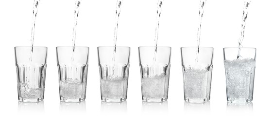 Pouring soda water into glasses on white background, collage. Banner design