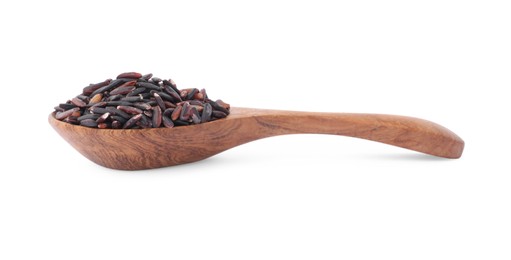 Photo of Spoon with raw black rice isolated on white