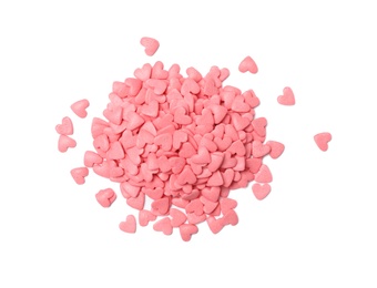 Photo of Pile of sweet candy hearts on white background, top view