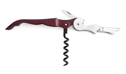 Photo of One corkscrew (sommelier knife) isolated on white, top view