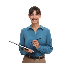 Happy secretary with clipboard and pen on white background