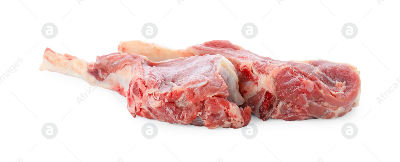 Photo of Pieces of raw beef meat isolated on white