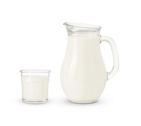 Image of Glass and jug with milk isolated on white