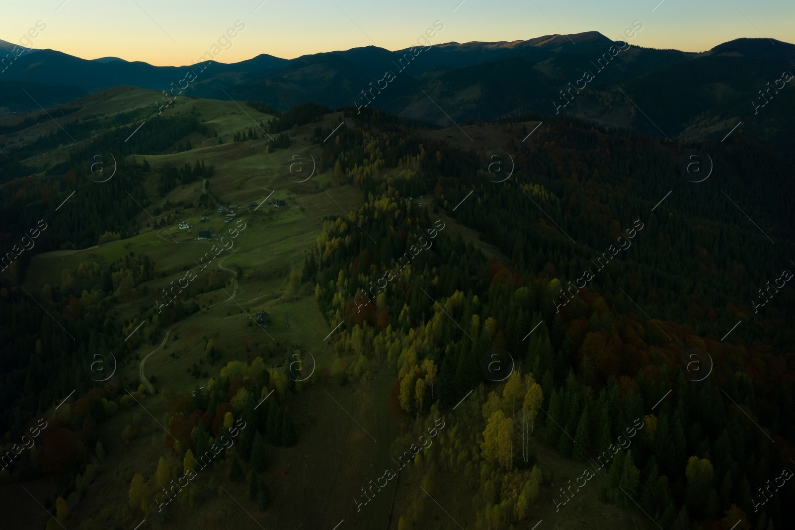 Image of Beautiful mountains and forest in morning. Drone photography