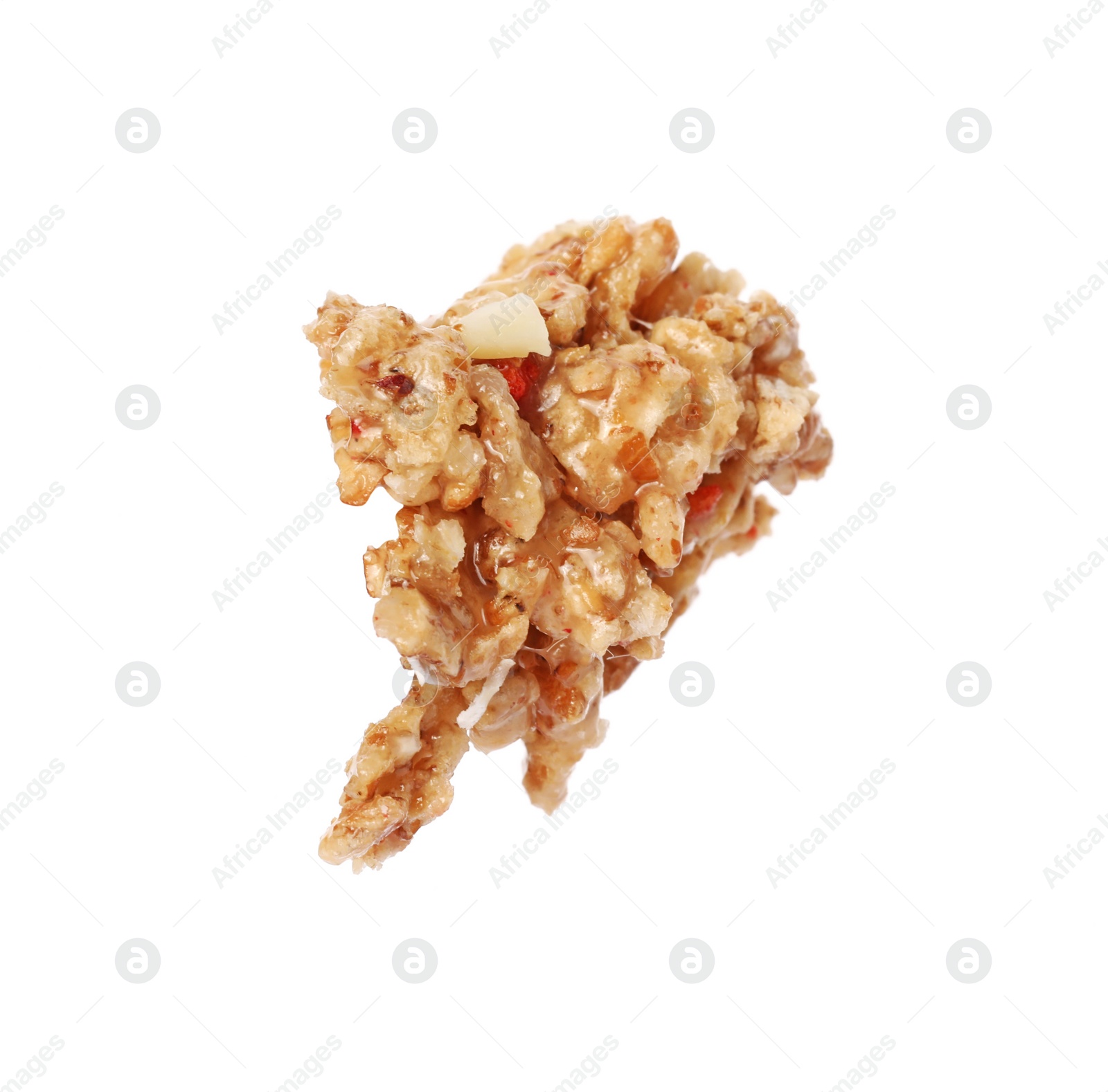 Photo of One piece of tasty granola bar isolated on white