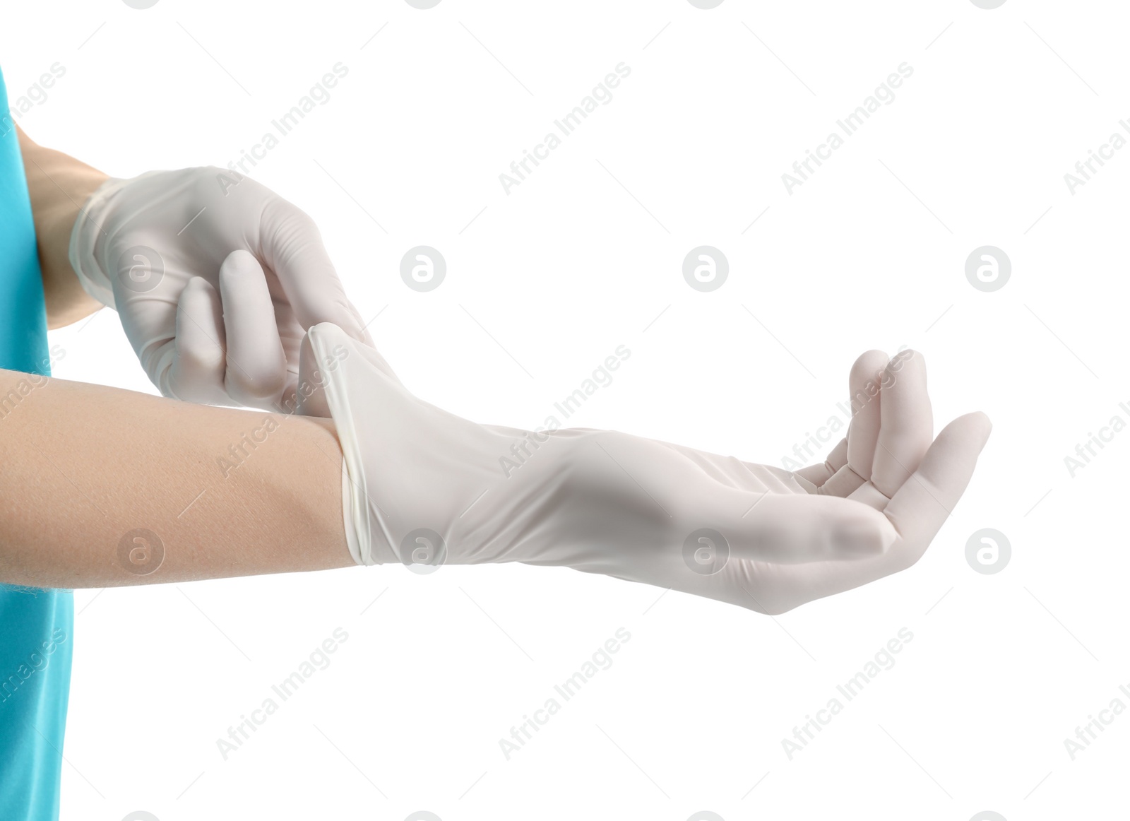 Photo of Doctor wearing medical gloves on white background, closeup