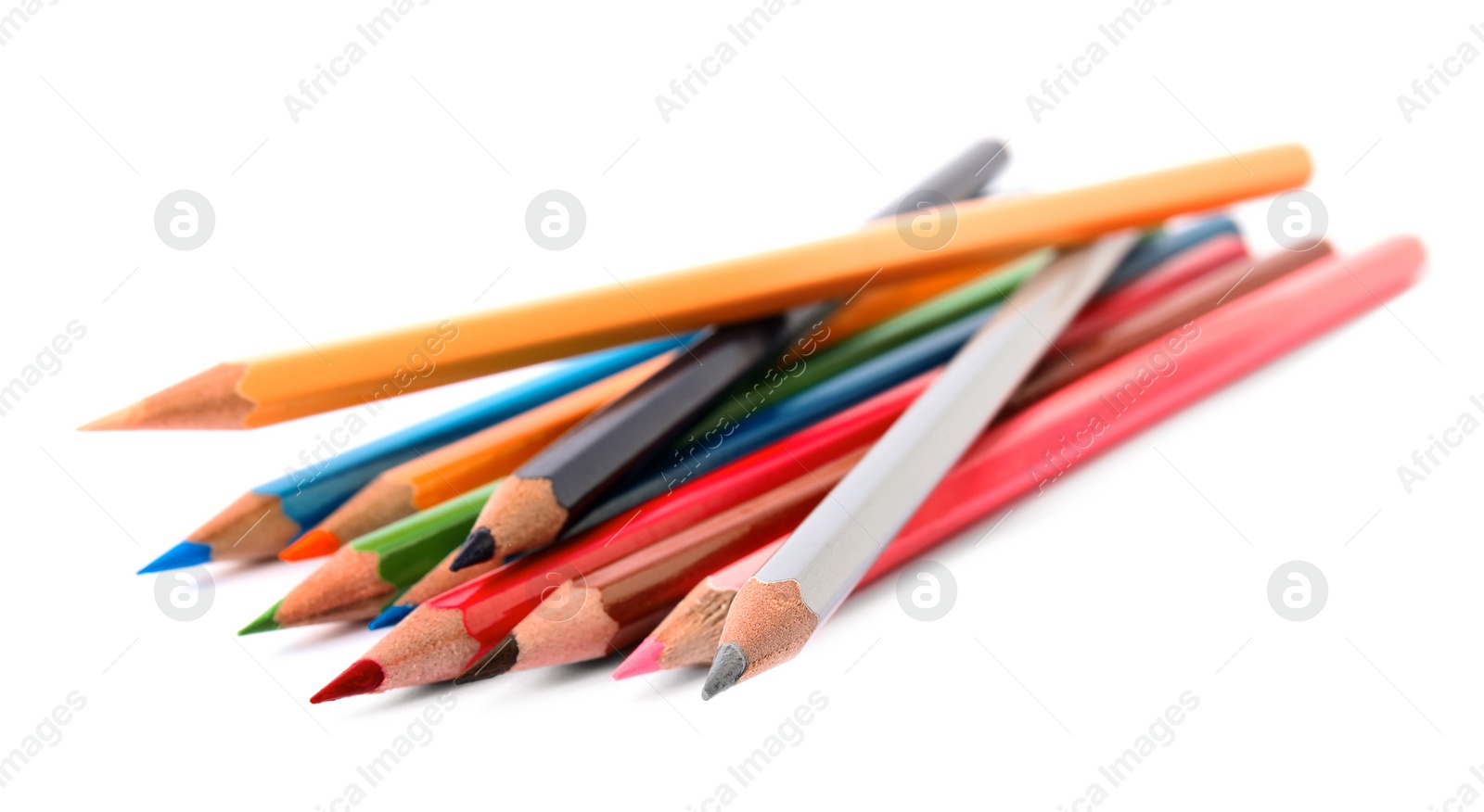 Photo of Different color pencils on white background. School stationery