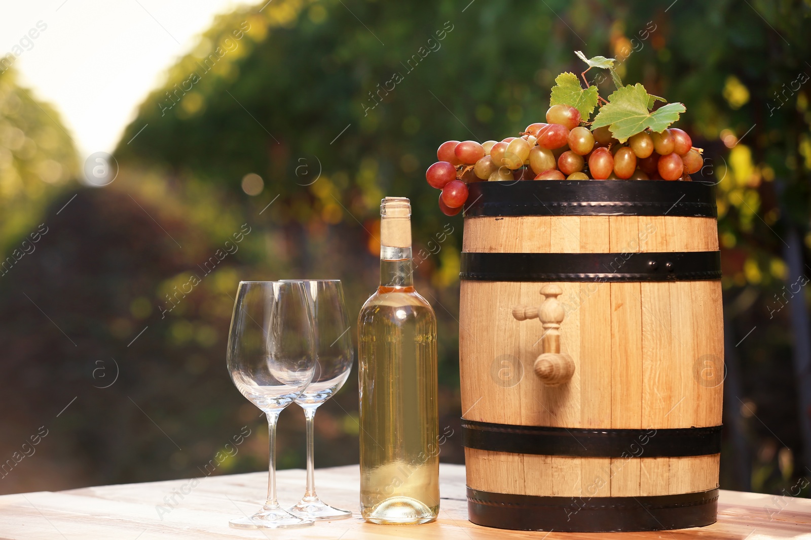 Photo of Composition with wine and ripe grapes on table outdoors. Space for text