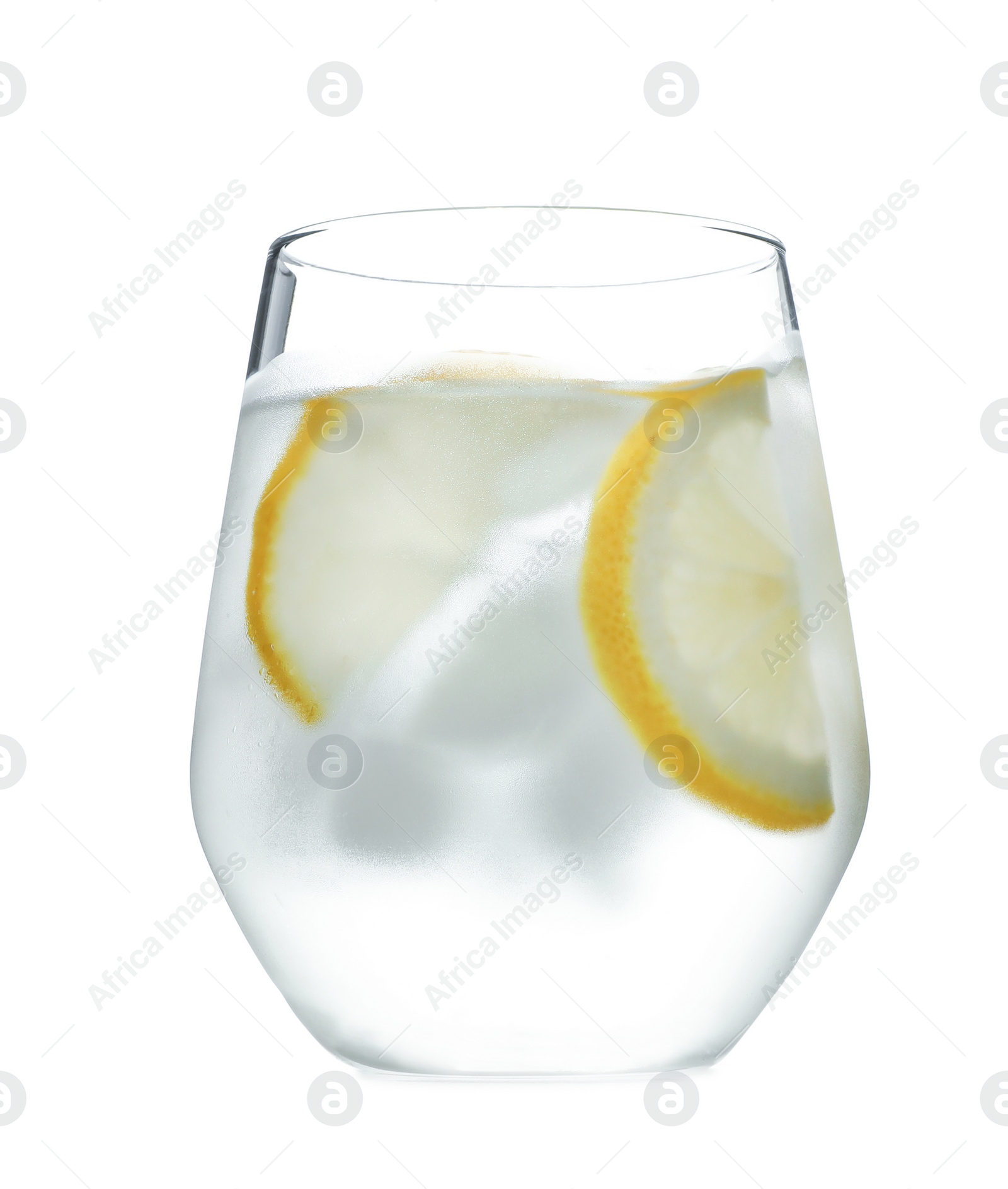 Photo of Glass of water with ice cubes and lemon slices on white background. Refreshing drink