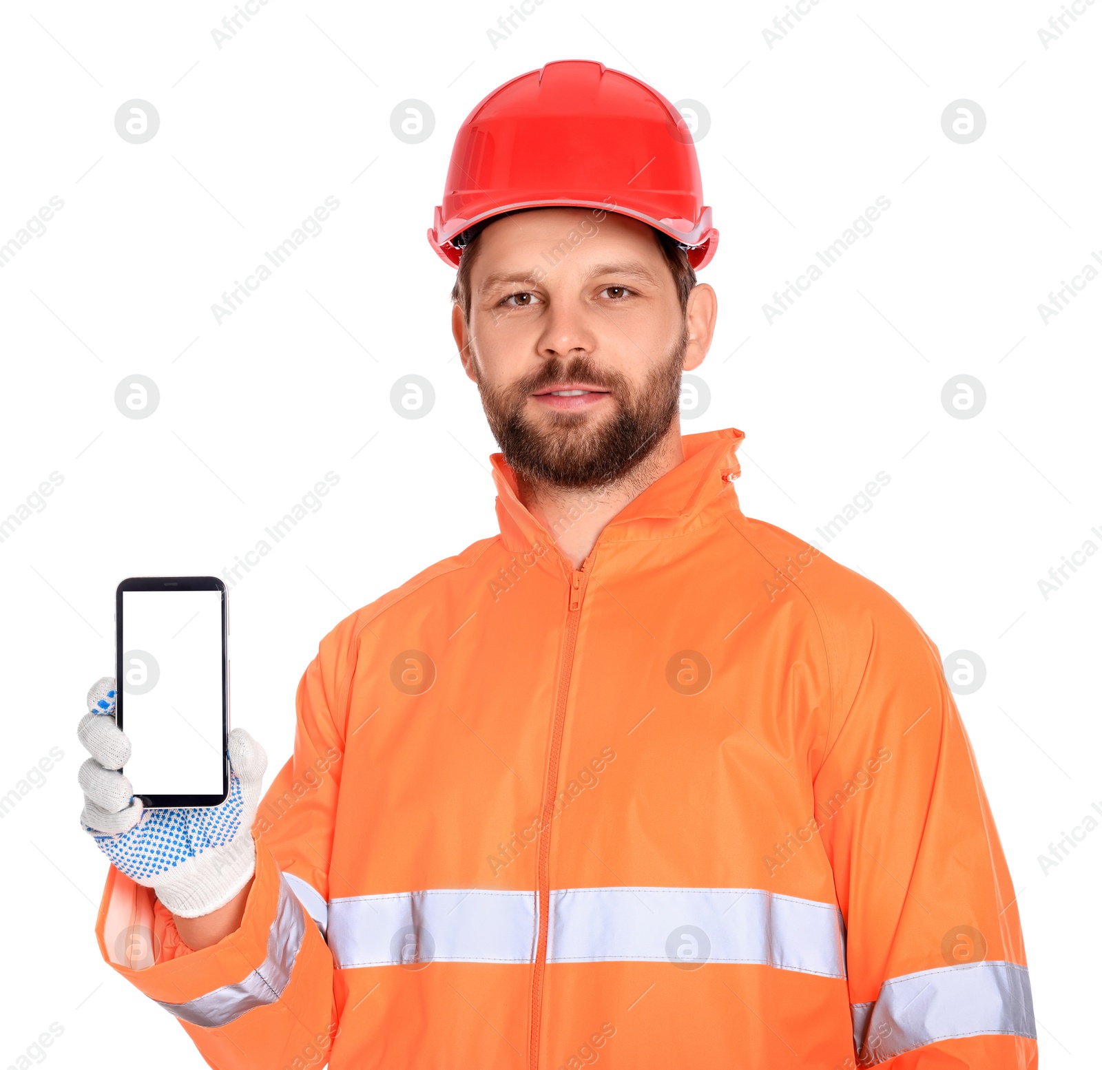 Photo of Man in reflective uniform showing smartphone on white background