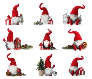 Set with funny Christmas gnomes and festive decor on white background