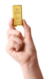 Photo of Woman holding gold bar on white background, closeup