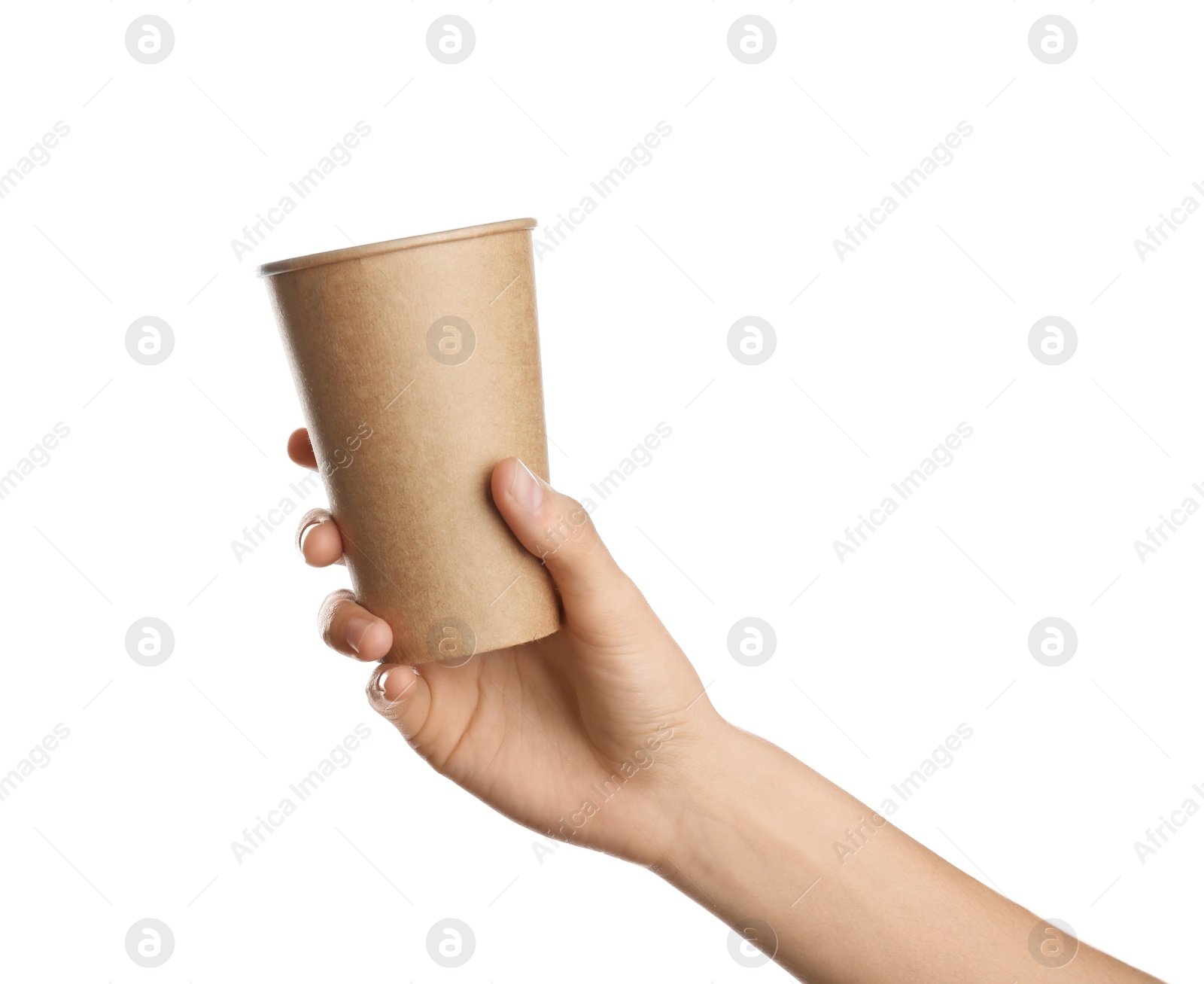 Photo of Poor woman begging for money on white background, closeup