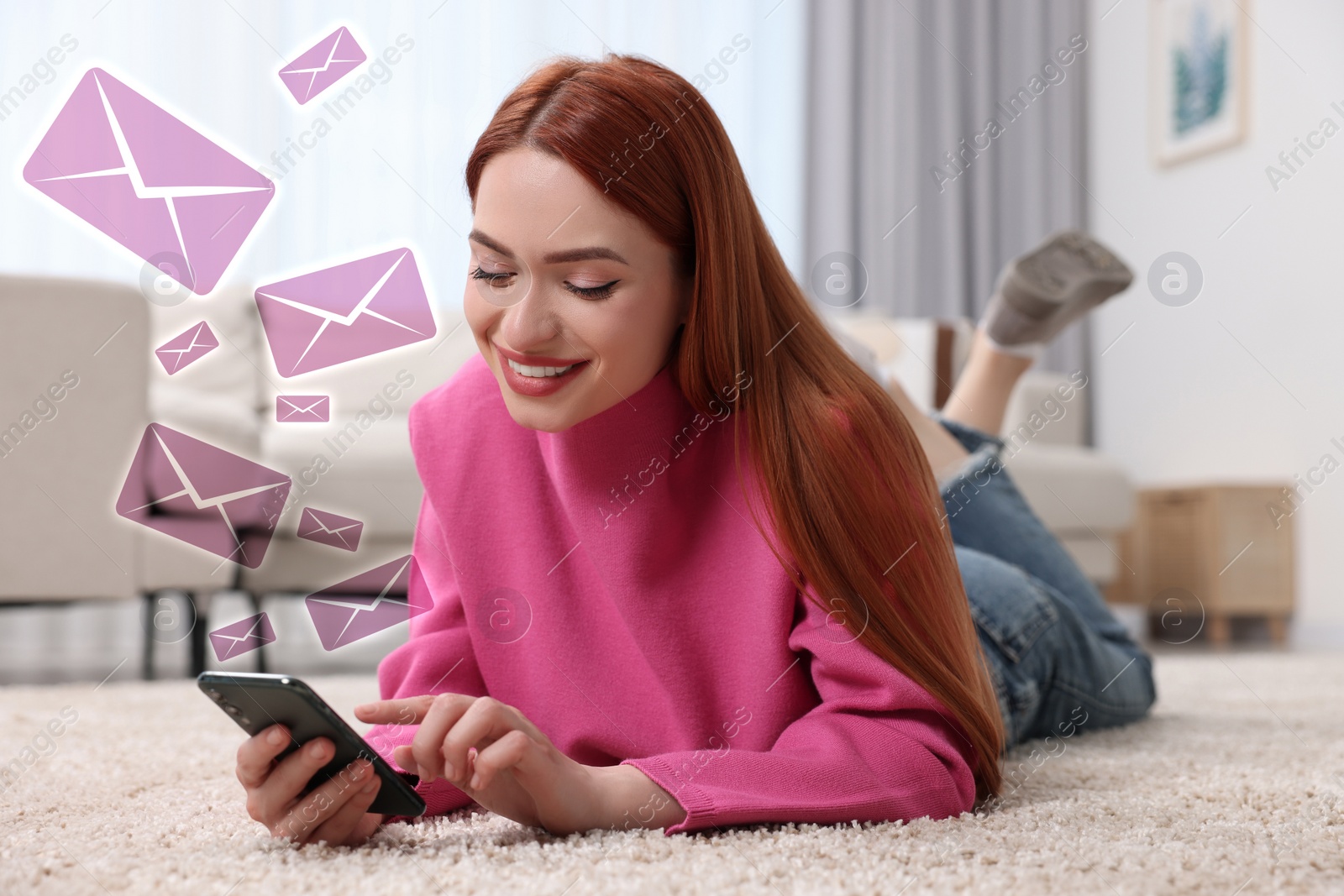 Image of Smiling woman with smartphone chatting indoors. Many illustrations of envelope as incoming messages over device